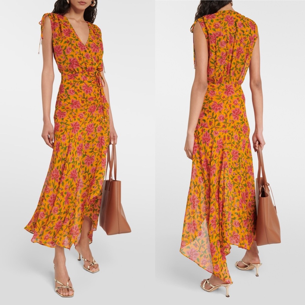 Veronica Beard Dovima Silk Midi Dress Hot Orange Multi Floral Ruched Size 6